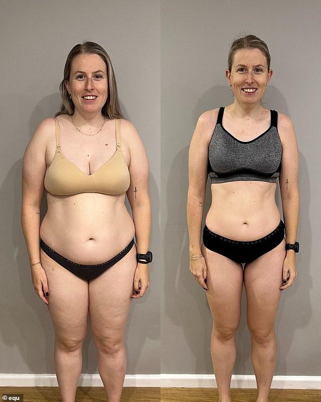 Two women side by side, one before and one after weight loss, against a plain background.